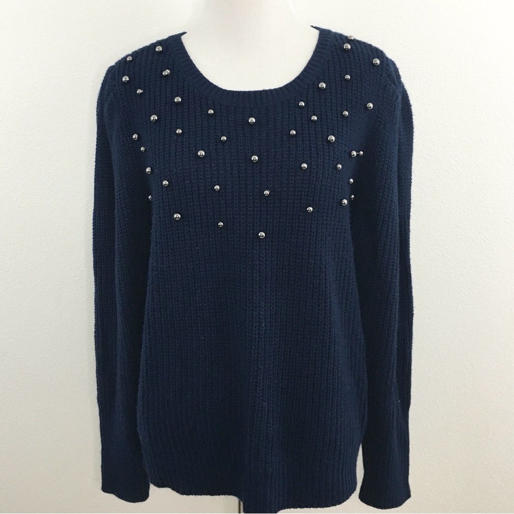 a.n.a. | Navy Sweater with Round Gun Metal Bead Details